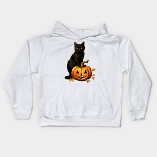 Black Cat Sitting On Halloween Pumpkin Kids Hoodie